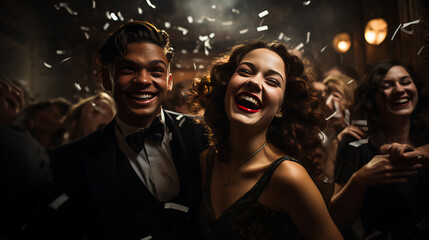 Couple celebrating at a New Year’s Eve Party - confetti - formal dress - happy joy - party - dance - dancing - celebration - ball 