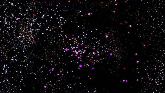 colored Particles Moving Background. fast energy flying wave line with flash lights. Particle from below. Particle color dust flickering on black background. Abstract Footage background for text.