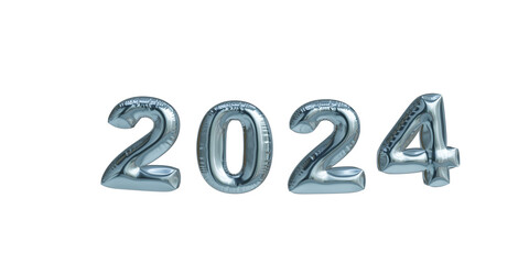 3D illustration render blue metallic balloon happy new year 2024. New Year's Eve party. Resource for social media art.