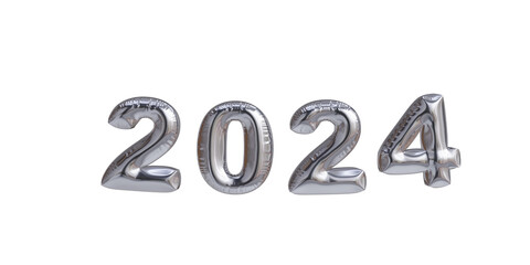 3D illustration render silver metallic balloon happy new year 2024. New Year's Eve party. Resource for social media art.