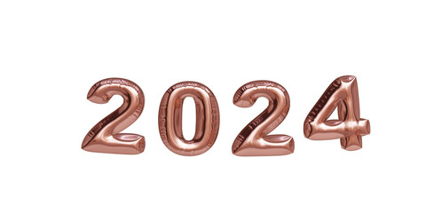 3D illustration render rose gold metallic balloon happy new year 2024. New Year's Eve party. Resource for social media art.