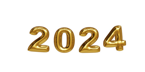 3D illustration render golden metallic balloon happy new year 2024. New Year's Eve party. Resource for social media art.