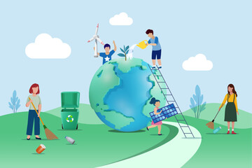 Environmental cleanup for sustainable environment. People sweeping, clean up garbage, showering plant and install wind turbine on world. Vector. - obrazy, fototapety, plakaty