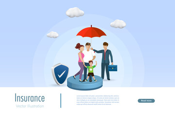 Insurance agent holding umbrella protect family with insurance shield. Health and medical insurance for family proection. Vector.