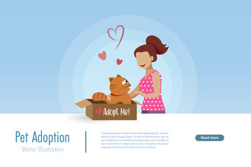 Pet adoption and animal shelter concept. Woman in love with ginger cat in adopt me box. Vector.