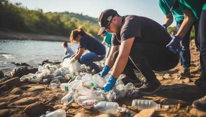 a group of volunteer cleaning the beach and river