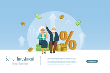 Happy senior couple sit on stack of money and gold coins with return on investment percentage sign. Financial investment plan for elderly. Vector. 