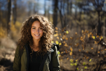 Portrait of a beautiful young woman in nature. Generative AI image.