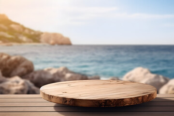 Fototapeta na wymiar Round wooden board on a wooden table with sea and rocks in the background for displaying purposes. High quality photo.