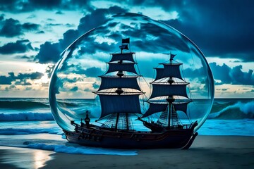 view of turbulent swells of a violent ocean storm, inside a glass bottle on the beach ม dramatic thunderous sky at dusk at center a closeup of large tall pirate ship with sails, breaking light  - obrazy, fototapety, plakaty