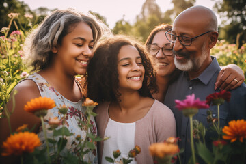 A diverse family, representing different ethnicities and ages, gathered in a vibrant garden surrounded by field of flowers, enjoying a fun-filled day of laughter, connection, and shared experiences