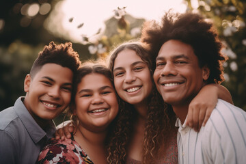 Obraz premium A diverse family, representing different ethnicities and ages, gathered in a vibrant garden surrounded by field of flowers, enjoying a fun-filled day of laughter, connection, and shared experiences