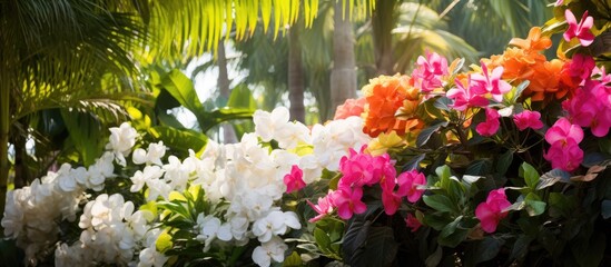The vibrant floral beauty of a tropical garden takes center stage background, as white flowers and lush green leaves adorn the trees during the vibrant summer season, showcasing the mesmerizing colors