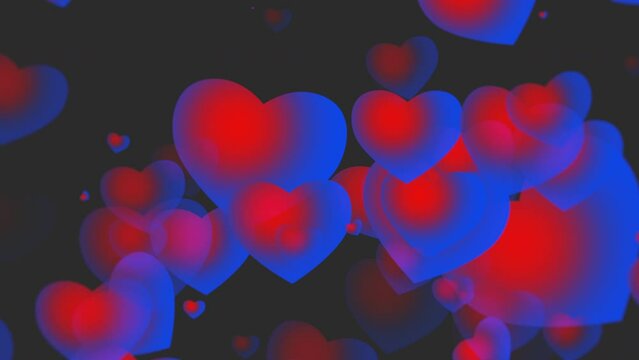 A mesmerizing display of floating red and blue hearts arranged in a circular pattern against a dark backdrop. Love and unity radiate from this enchanting image