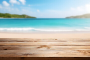 Wooden table with a sunny beach in the background for display purposes. High quality photo.