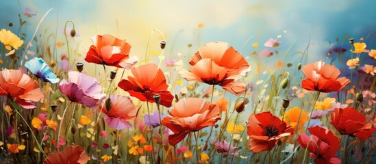 background of a vibrant summer garden, the lush green grass swayed refreshing breeze, adorned with a tapestry of colorful flowers, showcasing the natural beauty of floral blooms bright red poppies