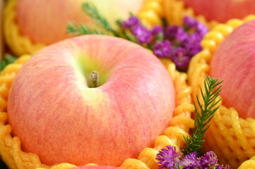 close up pink apple in yellow wrap bubble, healthy food