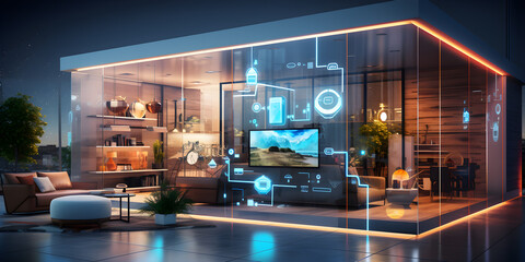 Smart home technology in modern style with a living room - obrazy, fototapety, plakaty