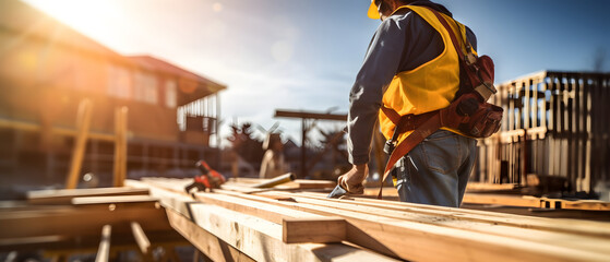 Carpenters finish off the wooden beam structure of house. - obrazy, fototapety, plakaty