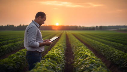 Farmer Check the progress of crops and yield. Holding a tablet using the internet Close-up nature photography concept of a bountiful harvest