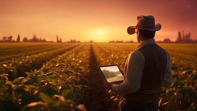 Farmer Check the progress of crops and yield. Holding a tablet using the internet Close-up nature photography concept of a bountiful harvest