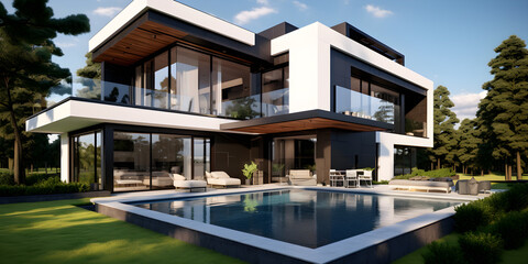 3D modern home with swimming pool, in the style of white and grey