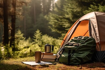 Orange tent with backpack and an unfolded map in a dense forest. Space for text.Ai generated - obrazy, fototapety, plakaty
