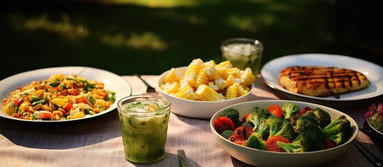 At the dinner table, the family enjoyed a delightful meal consisting of grilled chicken breast, pasta salad, rolls, and a side dish of grilled vegetables and corn, topped off with a bowl of steamed