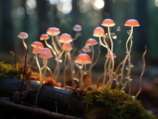A group of mushrooms that are on a log. Generative AI.