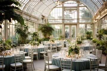 Wedding party gathering hall indoor venue restaurant table plants greenhouse - obrazy, fototapety, plakaty