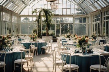 Wedding party gathering hall indoor venue restaurant table plants greenhouse
