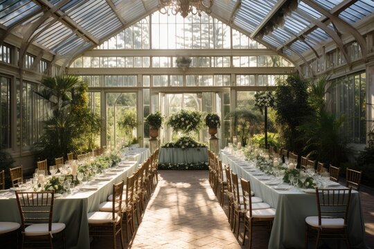 Wedding party gathering hall indoor venue restaurant table plants greenhouse