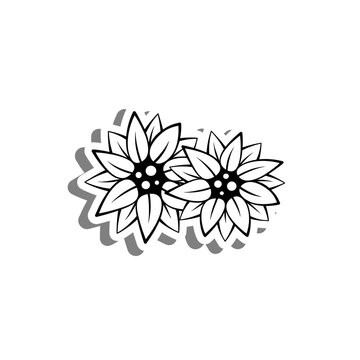 Mini Two Sunflowers on white silhouette and gray shadow. Digital or printable sticker. Vector illustration for decorate logo, tattoo, card or any design.