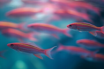 Fototapeta premium A mesmerizing scene of tropical fish schooling, captured with a stunning colorful tint, highlighting the harmony and beauty of marine life. 