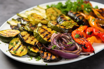 Assortment of grilled vegetables on a white plate. Selective focus