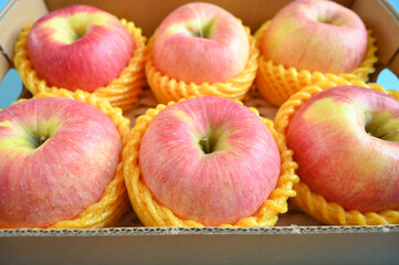 close up pink apple in yellow wrap bubble, healthy food in the box