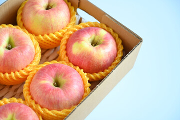 beautiful pink apple in the box on blue background