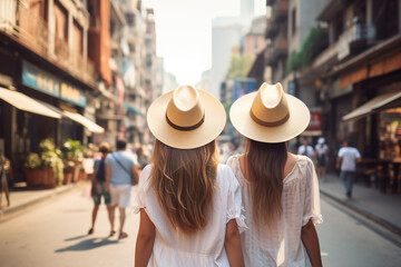 Back view of two young women with straw hats walking in the city