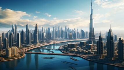 Aerial View of the Dubai city of the river with sky and cloud cityscape background.