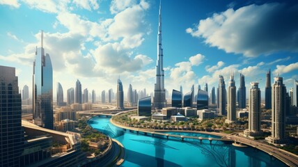Aerial View of the Dubai city of the river with sky and cloud cityscape background.