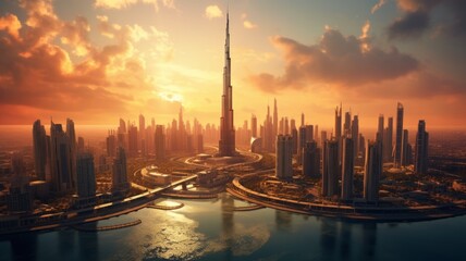 Aerial View of the Dubai city of the river with sky and cloud cityscape background.