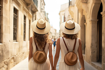 Back view of two young women with straw hats walking in the city