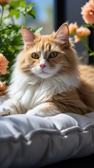 A fluffy ginger cat rests on a plush cushion, its relaxed demeanor framed by the softness of delicate flowers, creating a haven of comfort.
