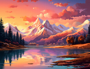 Fototapeta na wymiar Digital Lake and Mountain Landscape Wallpaper,4K Natural Themed Wallpaper,Landscape Desktop Wallpaper,Macbook and iPad Wallpaper
