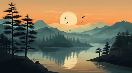 Schilderijen op glas Digital Lake and Mountain Landscape Wallpaper,4K Natural Themed Wallpaper,Landscape Desktop Wallpaper,Macbook and iPad Wallpaper © Moose