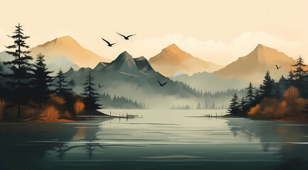 Digital Lake and Mountain Landscape Wallpaper,4K Natural Themed Wallpaper,Landscape Desktop Wallpaper,Macbook and iPad Wallpaper