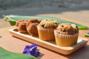 Banana cake muffins with chocolate chip vanilla fravor,top view photo,traditional bakery