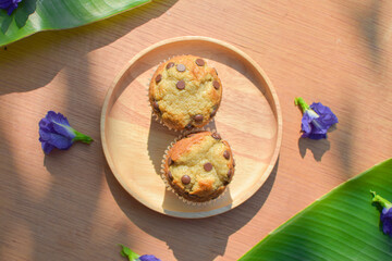 Banana cake muffins with chocolate chip vanilla fravor,top view photo,traditional bakery