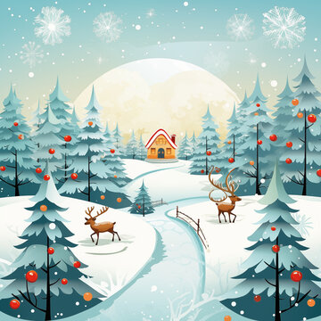a winter scene with a house and reindeers in the snow, an illustration of, beautiful house on a forest path, cartoon style illustration, full color illustration, forest and moon