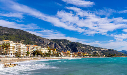 View of Menton, a town on the French Riviera in southeast France known for beaches and the Serre de...